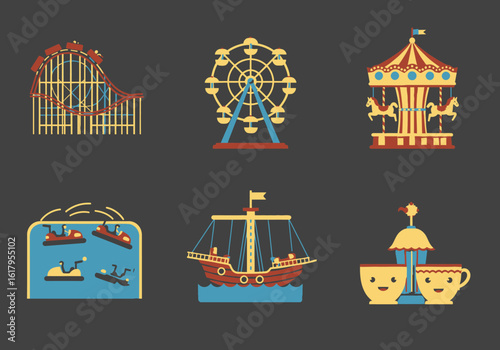 Amusement Park Rides and Attractions: Roller Coaster, Ferris Wheel, Carousel, Bumper Cars, Pirate Ship, Teacups