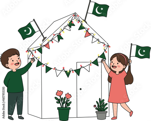 14 August Happy independence day of pakistan vector art desing – Children Decorating House with Flags and Bunting for Civic Celebration