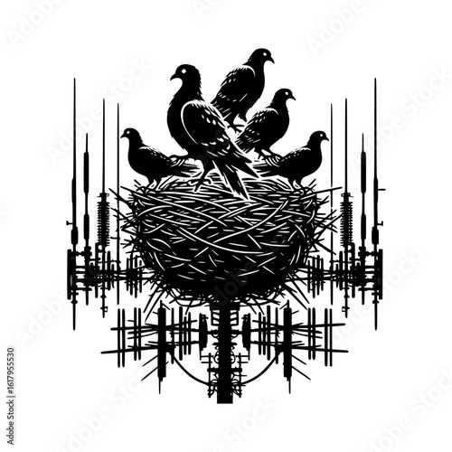Five pigeons perched on a detailed nest with abstract geometric background