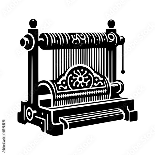 Vintage textile loom machine illustration black and white