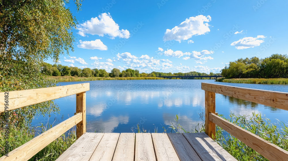 Obraz premium Rustic wooden dock extending over calm lake surrounded by lush forest nature and scenic water reflections