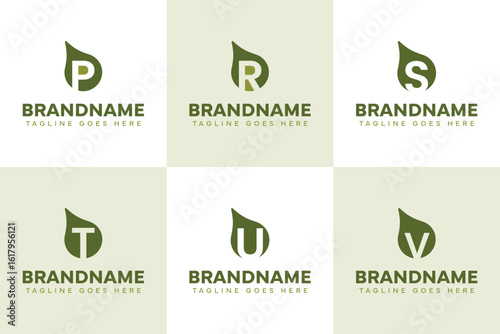Letter P R S T U V Droplet Logo Set, symbolizing purity, freshness, and flow