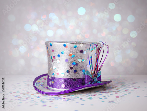 Colorful party hat with confetti sparkles on a light background