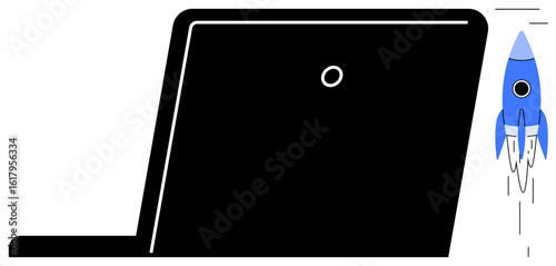 Blue rocket soaring upward next to black laptop, symbolizing innovation, startup growth, and tech acceleration. Ideal for business, progress, science, digital transformation, technology