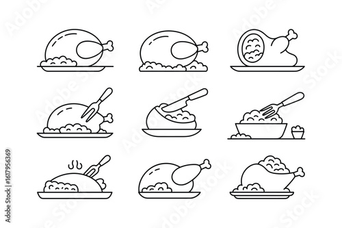 Roasted poultry and side dishes line art roasted chicken roasted turkey