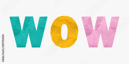 Phrases wow in rainbow crumpled paper letters. Jagged torn outlines, gritty stipple texture, ransom layout perfect for DIY designs.