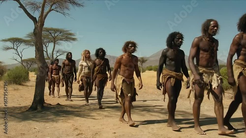 Tribe walking africa african savanna outdoors ancestors people landscape nature travel hot sun 10000 bc 4k video