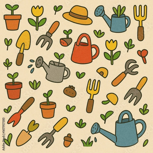 Charming hand drawn gardening pattern with whimsical tools and plants, ideal for spring themes, outdoor hobbies, and textile designs