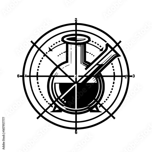Scientific flask symbol with compass and geometric elements