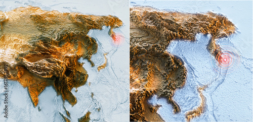 Wall Mural 3D map of the Kamchatka Peninsula earthquake epicenter in the Pacific Ocean, magnitude 8