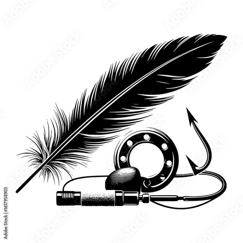 Feather fishing hook and reel components still life illustration