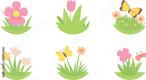 Cute Spring Flower and Butterfly Illustrations on Green Grass Patches