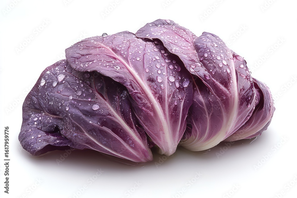 Obraz premium Whole radicchio with water droplets, showcasing its rich color. Isolated on white background