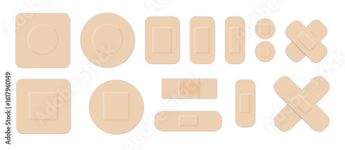 Medical plasters. Bandages set. Adhesive bandage for first aid for wounds operations and skin injuries. Protecting open wound from infection. Vector