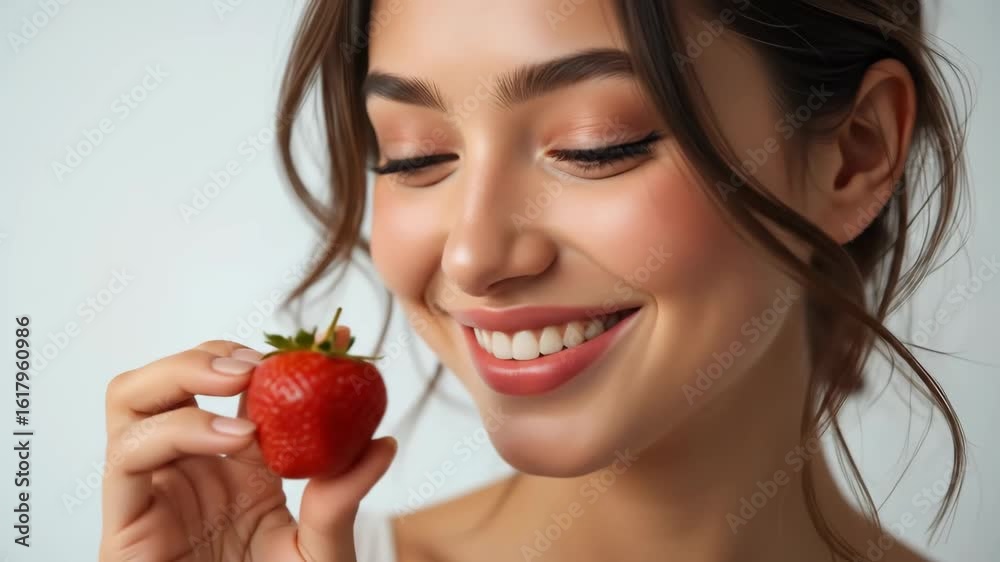 Beautiful Woman Smiling with a Fresh Strawberry Beautiful Woman Smiling with a Fresh Strawberry