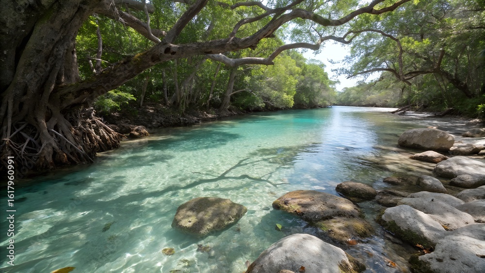 Naklejka premium Turquoise waters flow over smooth stones beneath twisted mangrove trees, lit by golden sunlight breaking through the forest canopy. 
