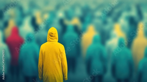 Person in yellow hoodie stands out among crowd in blurred surroundings