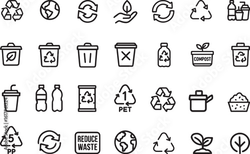 Environmental Recycling and Waste Management Line Icons Collection for Sustainable Living Awareness and Eco Friendly Practices