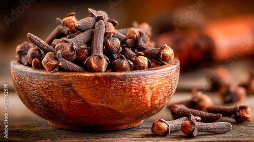 A wooden bowl full of dried clove buds.