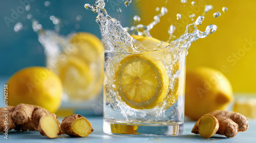 splash of water with lemon slices and ginger root