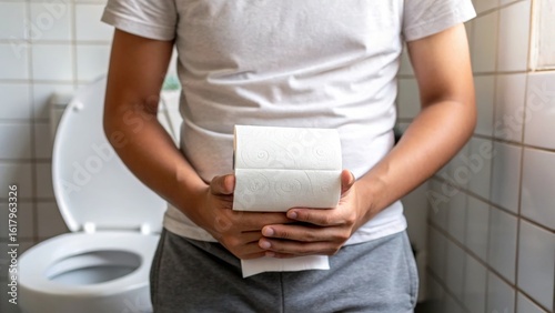 A person holding a roll of toilet paper stands in a bathroom, with a toilet visible in the background, conveying a casual home setting.