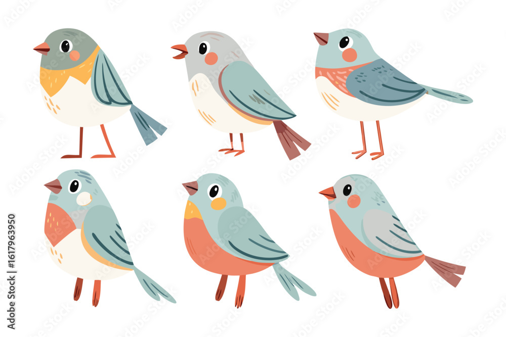 Collection of Chirping Songbirds: A charming set of six cartoon songbirds, each with unique markings, create a harmonious symphony of visual delights, embodying the spirit of avian grace and charm. Collection of Chirping Songbirds: A charming set of six cartoon songbirds, each with unique markings, create a harmonious symphony of visual delights, embodying the spirit of avian grace and charm.