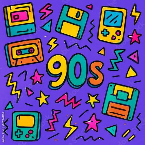 Bold 90s retro design with classic tech, stars, and lightning bolts. Perfect for themed events and nostalgic merchandise