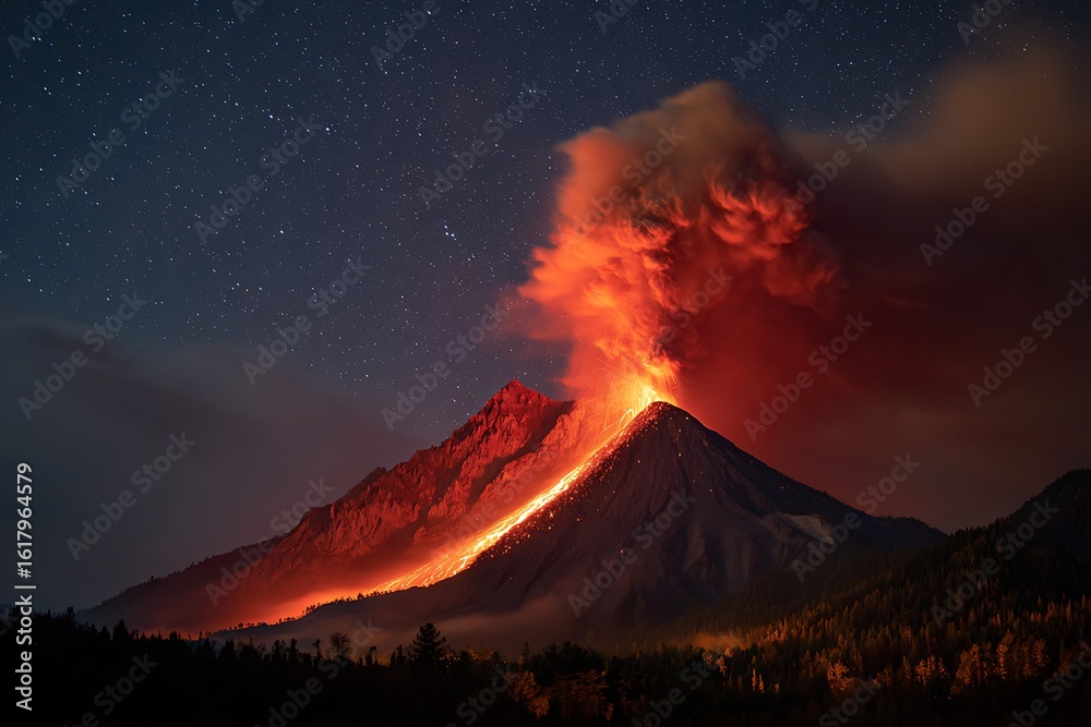 Fototapeta premium Spectacular Volcanic Eruption Under a Starry Night Sky, with Lava Flowing Downhill