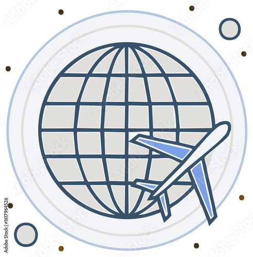 Stylized airplane flying around a blue and grey globe icon representing global travel and international logistics