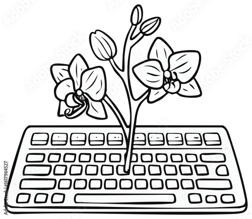 Orchid flower growing out of a keyboard in an illustration