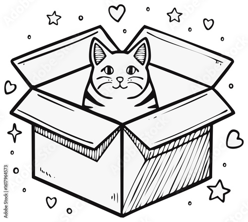 Black and white drawing of cat sitting in box with hearts and stars around it