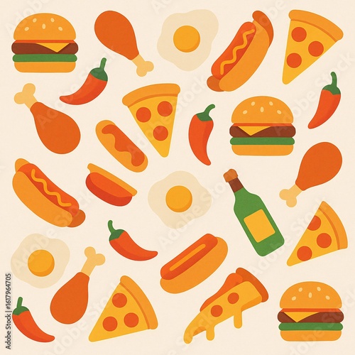 Fun fast food pattern with burgers, pizza, and hot dogs. Ideal for restaurant menus, food packaging, and playful designs