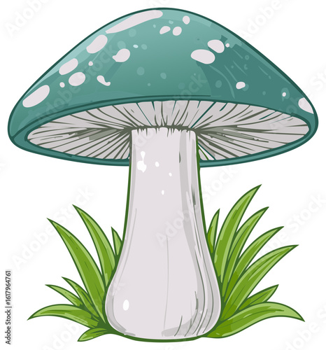 Teal mushroom with white spots growing in green grass illustration