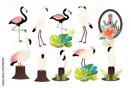 Elegant Flamingo Collection: A stunning array of elegant flamingos, each a masterpiece of color and grace, poised amongst lush tropical leaves and serene settings.