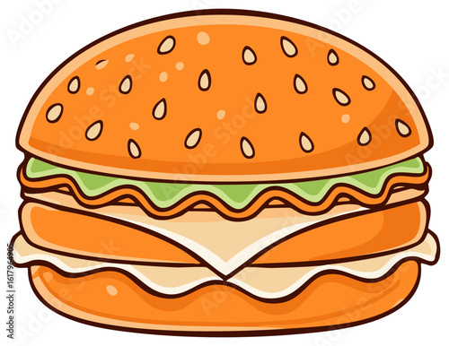 Colorful cartoon hamburger illustration with cheese, lettuce, and sesame bun fast food graphic