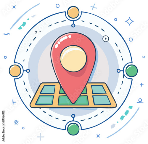 Abstract map location pin concept with navigational elements and connecting dots
