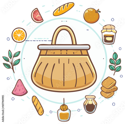 Cute cartoon illustration of a shopping bag surrounded by fresh groceries, fruit, bread, and honey