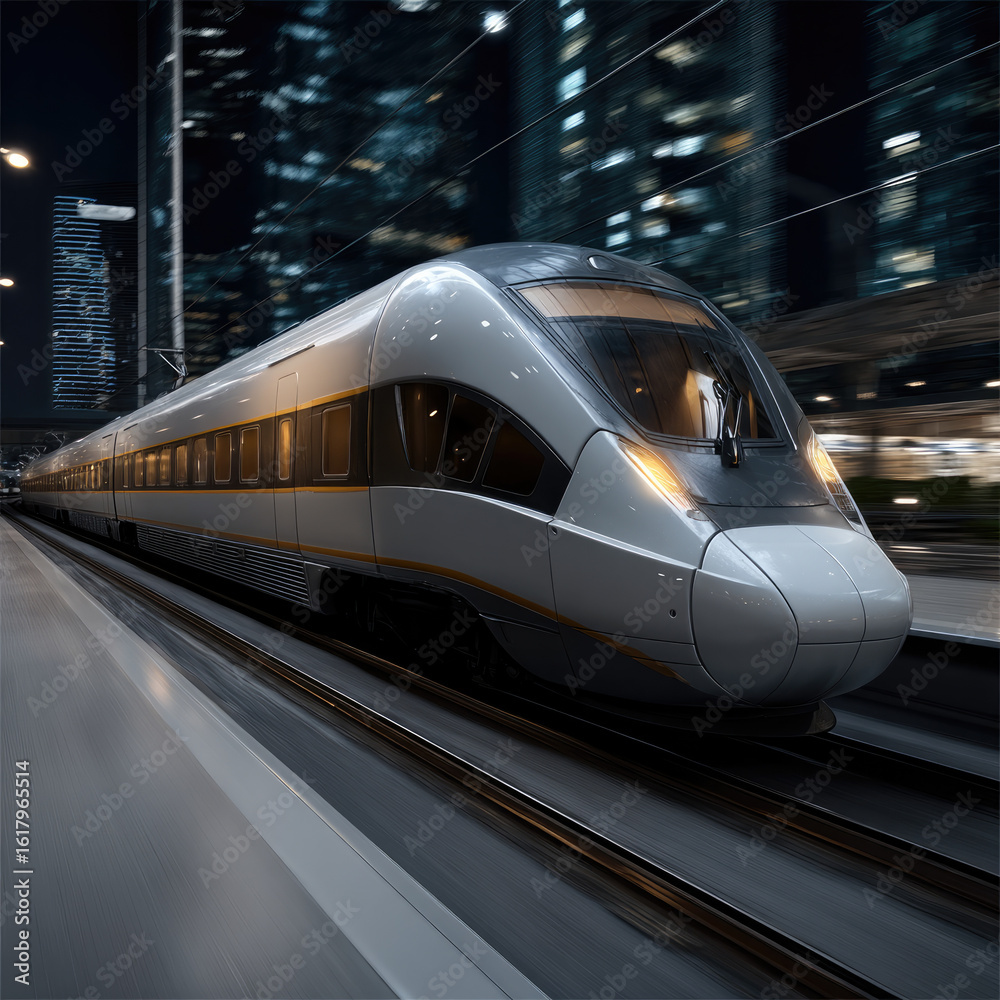 Fototapeta premium Sleek high speed train gliding through modern city at night, illuminated by urban lights, futuristic and dynamic atmosphere