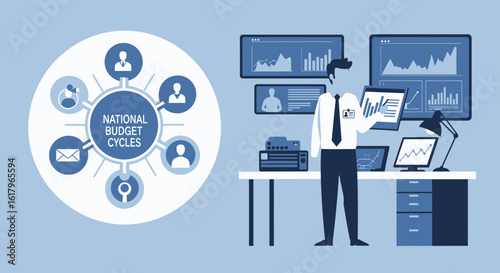 National Budget Cycle Management In A Modern Office Setting Illustration