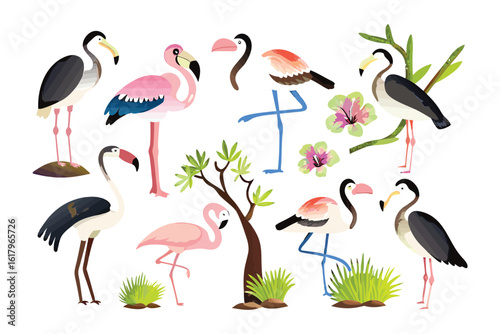 Exotic Flamingo Assemblage: A vibrant collection of hand-drawn flamingos, each uniquely adorned with intricate details. Featuring varied postures amid stylized foliage and floral accents.