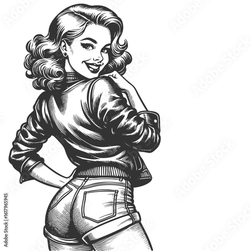 woman with short hair in cropped leather jacket and high-waisted shorts, striking a fierce pose sketch engraving generative ai fictional character vector illustration. Scratch board. Black and white.