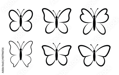 Six minimalist black and white butterfly outlines butterflies