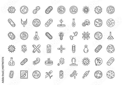 Microscopic organisms and scientific equipment icons bacteria viruses