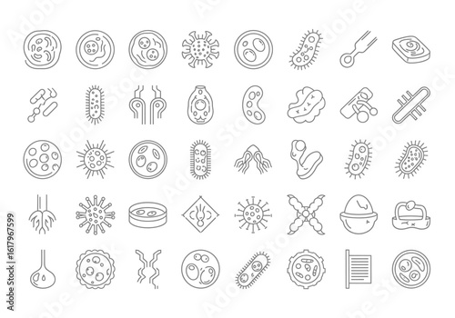 Microscopic organisms and scientific equipment icons bacteria viruses