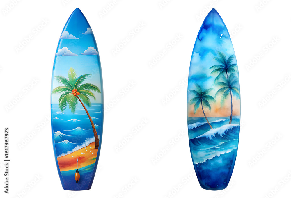 Fototapeta premium Two vibrantly painted surfboards showcasing tropical beach scenes with palm trees and ocean waves isolated on transparent background