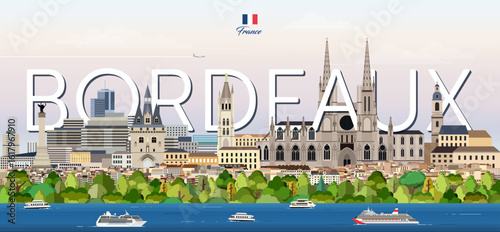 Bordeaux cityscape colorful vector illustration with big city name on the background. Travel trendy poster