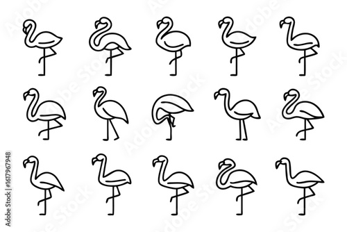 Elegant Flamingo Icons: a curated collection of flamingo line art. Showcasing various graceful flamingo poses and stances, ideal for design projects.
