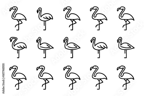 Flamingo Lineup: An organized grid showcases the graceful profile of a flamingo, rendered with elegant simplicity in a clean and modern style.