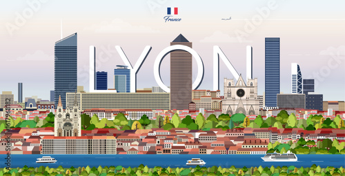 Lyon cityscape colorful vector illustration with big city name on the background. Travel trendy poster
