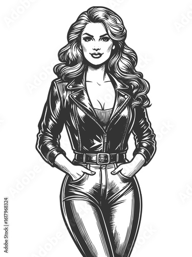 confident woman wearing a leather jacket and high-waisted pants with hands in pockets sketch engraving generative ai fictional character vector illustration. Scratch board imitation. Black and white.